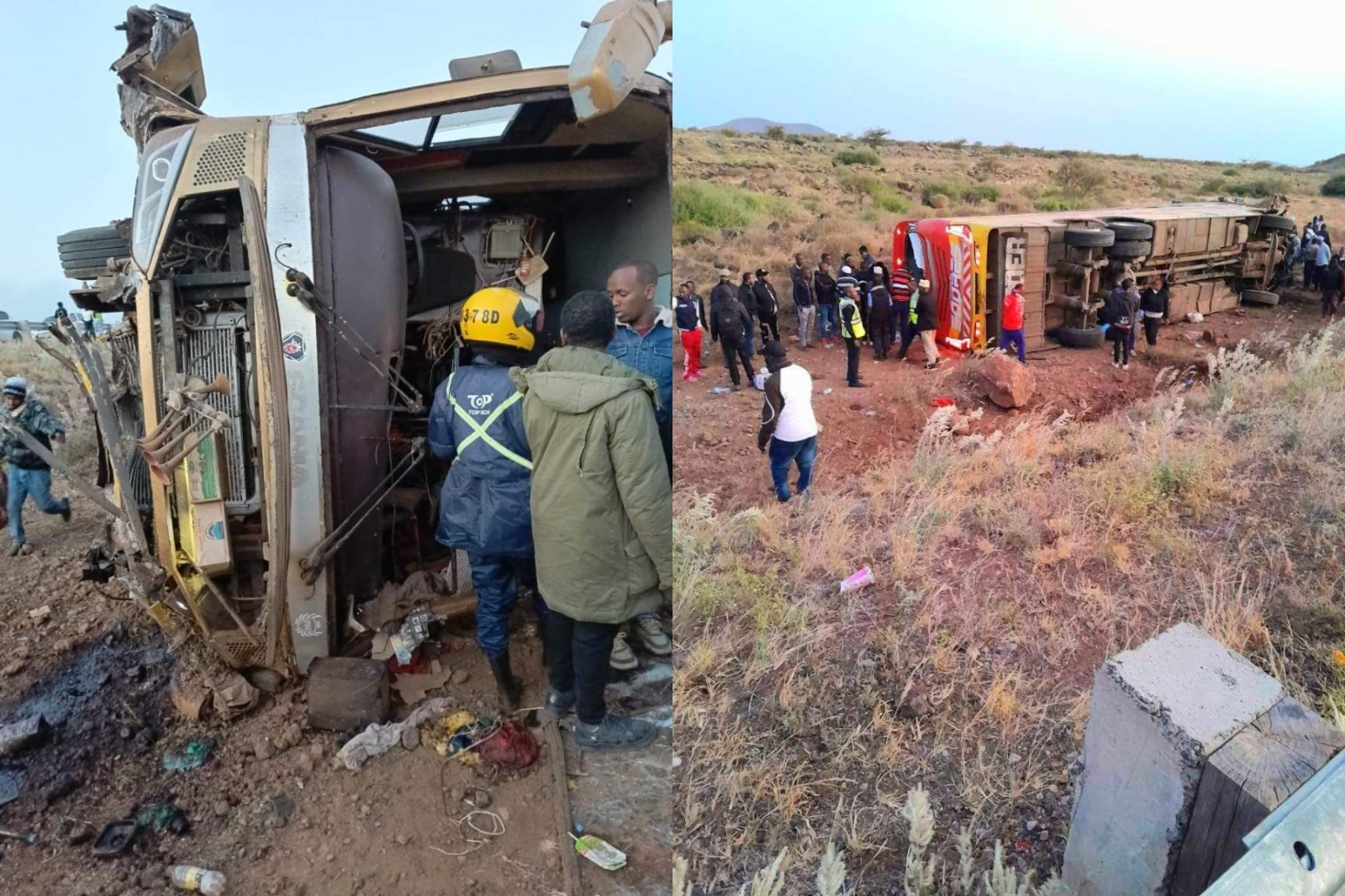 Photocollage of a bus involved in an accident on Friday, June 14 along the Marsabit-Moyale Road.
